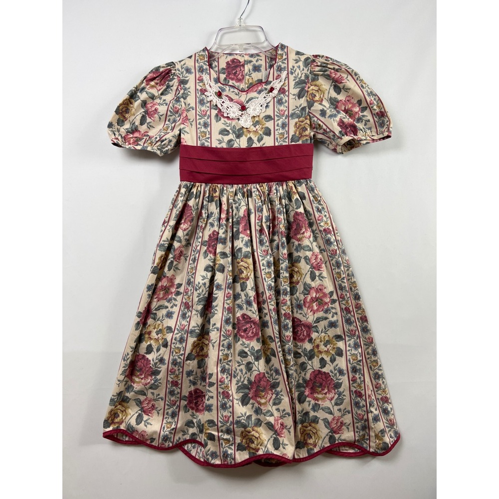 Rare Edition Dress Kids Size 8 Floral Stripe Victorian Lace Trim Made in USA